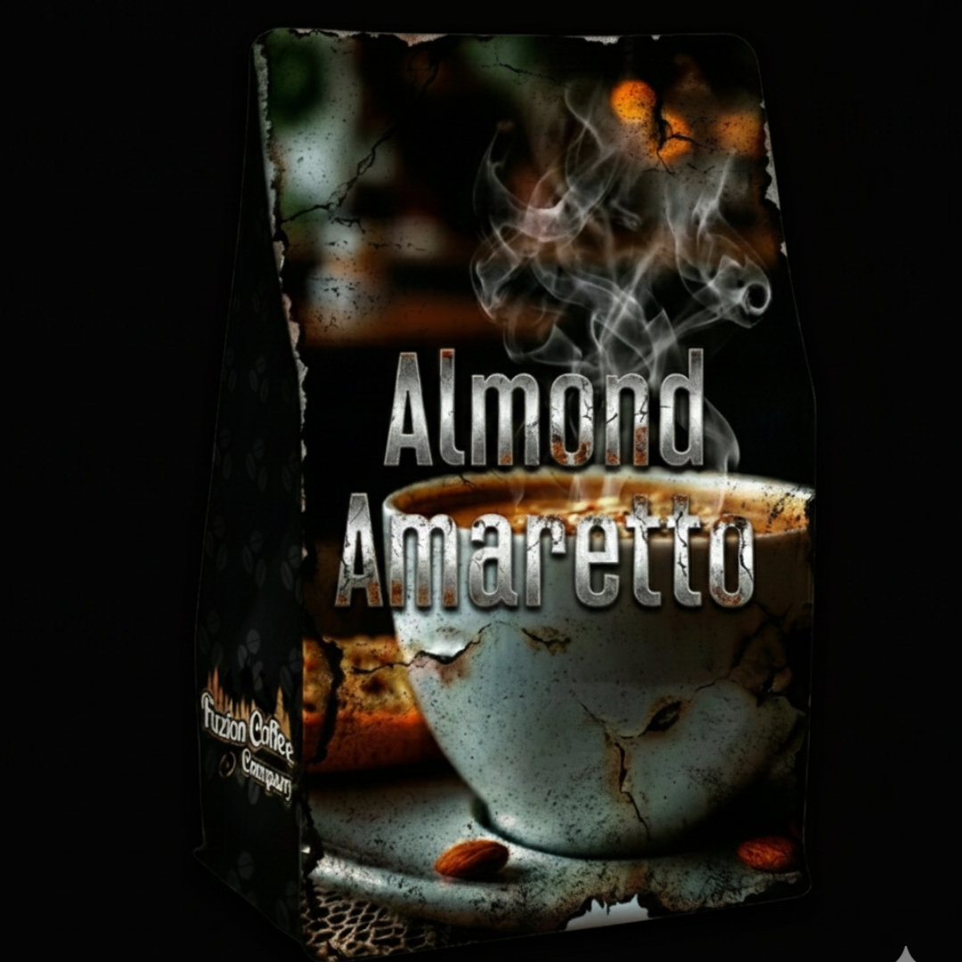 Almond Amaretto coffee packaging with a cup and smoke effect on a dark background