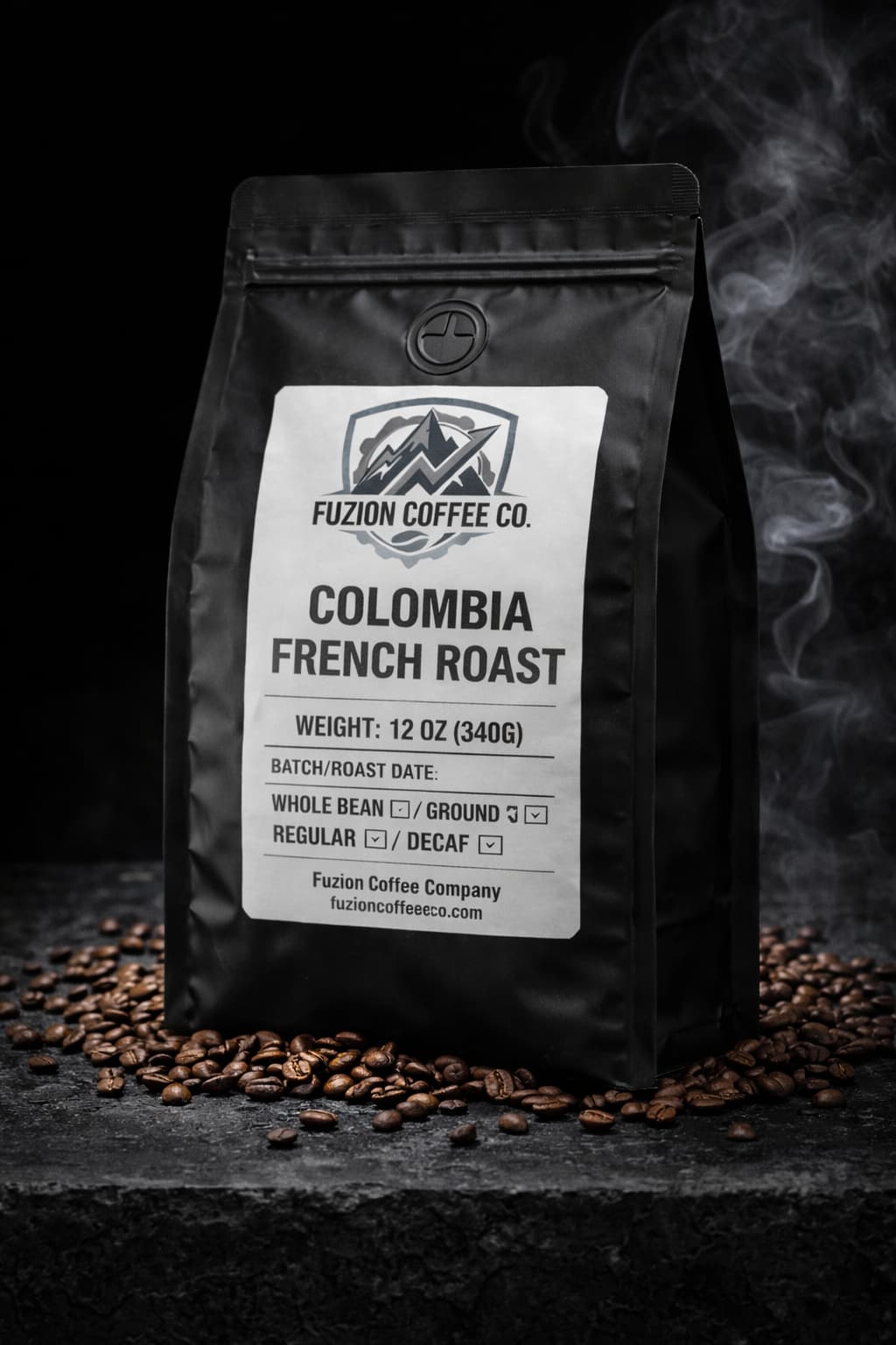 Matte black Colombia French Roast coffee bag by Fuzion Coffee Co on dark marble surface with dense coffee beans and smoky atmosphere