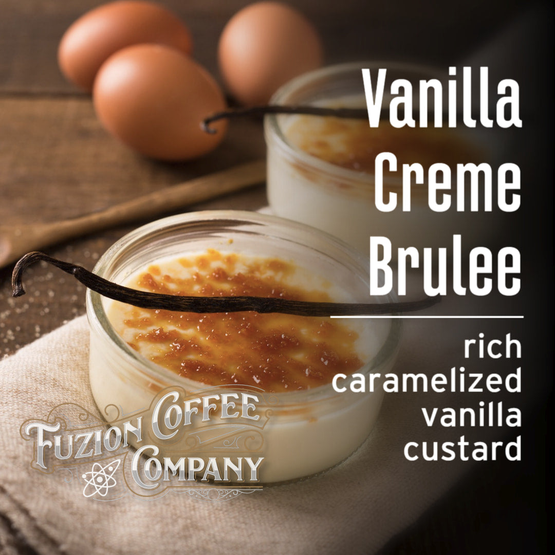 Vanilla creme brulee with caramelized top, vanilla beans, and &