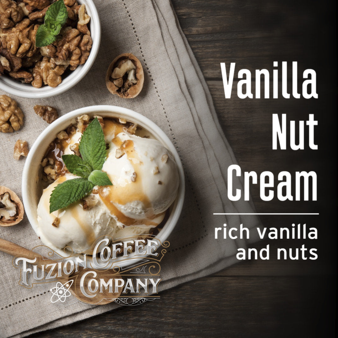 Vanilla Nut Cream ice cream with nuts and a mint leaf on a wooden surface, featuring Fuzion Coffee Company branding.
